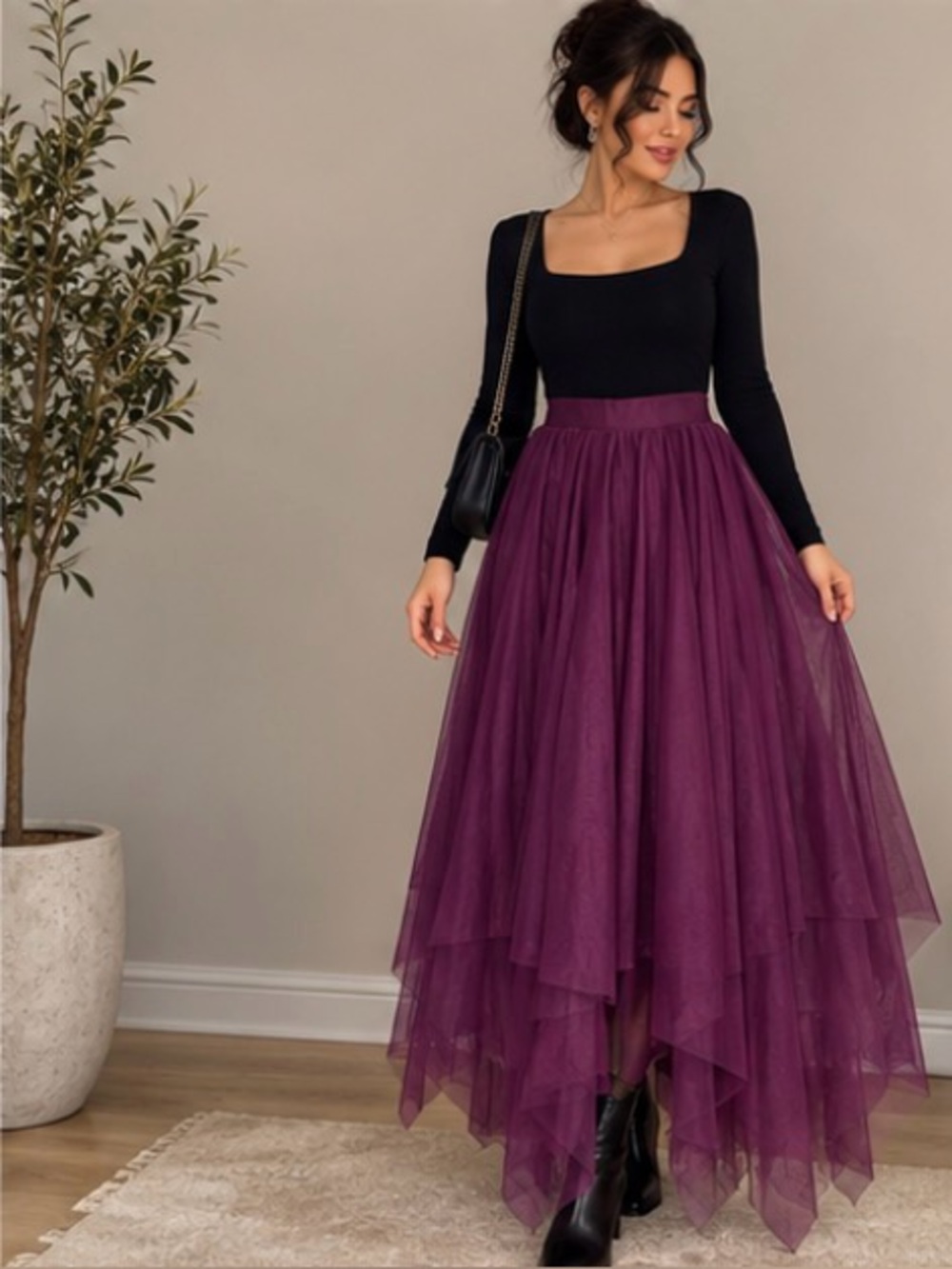Elegant Plum Tulle Maxi Skirt - Women's one size(elastic waist)